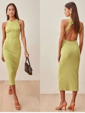 Reformation Candice Bodycon Midi Tank Dress Green Cutout Backless Stretch Knit